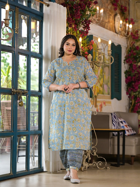 Women Plus Size Blue Pure Cotton Kurta Set With Dupatta